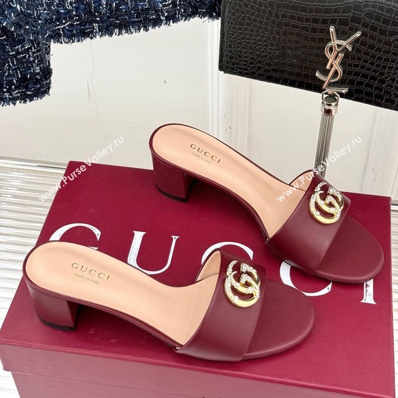 Gucci Leather Heel Slides Sandal 5cm with Double G and Strass Burgundy 2025 GG02283 (MD-250228079)