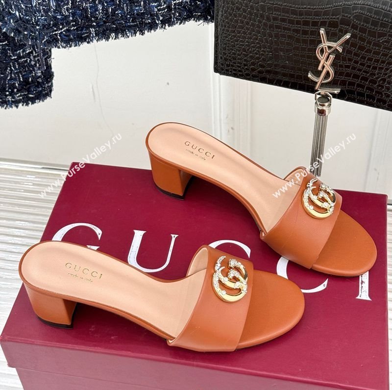 Gucci Leather Heel Slides Sandal 5cm with Double G and Strass Brown 2025 GG02283 (MD-250228080)