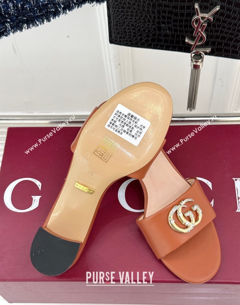 Gucci Leather Heel Slides Sandal 5cm with Double G and Strass Brown 2025 GG02283 (MD-250228080)