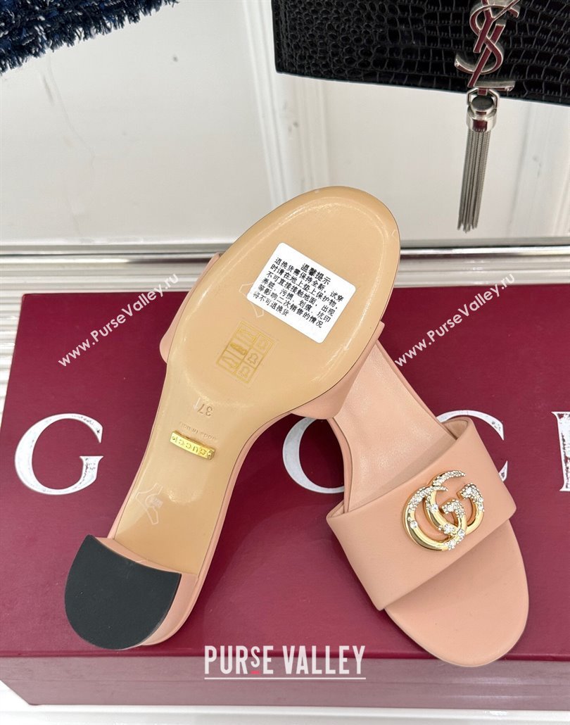 Gucci Leather Heel Slides Sandal 5cm with Double G and Strass Nude Pink 2025 GG02283 (MD-250228081)