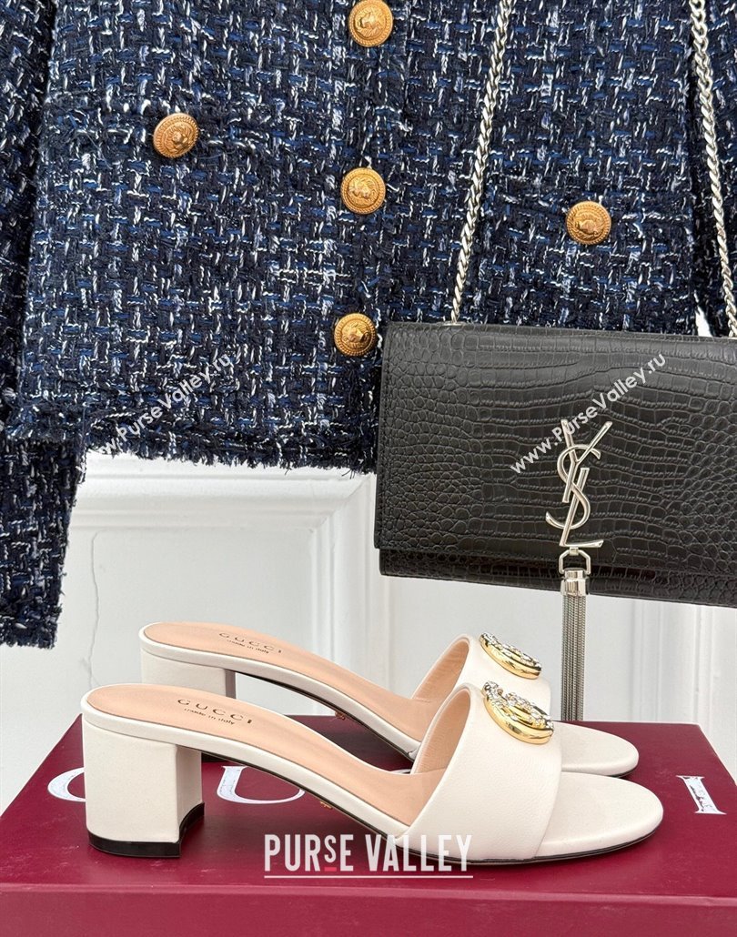 Gucci Leather Heel Slides Sandal 5cm with Double G and Strass White 2025 GG02283 (MD-250228082)