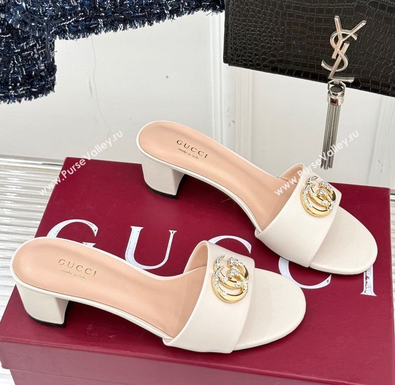 Gucci Leather Heel Slides Sandal 5cm with Double G and Strass White 2025 GG02283 (MD-250228082)