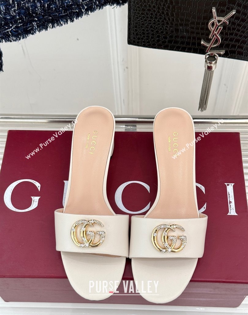 Gucci Leather Heel Slides Sandal 5cm with Double G and Strass White 2025 GG02283 (MD-250228082)
