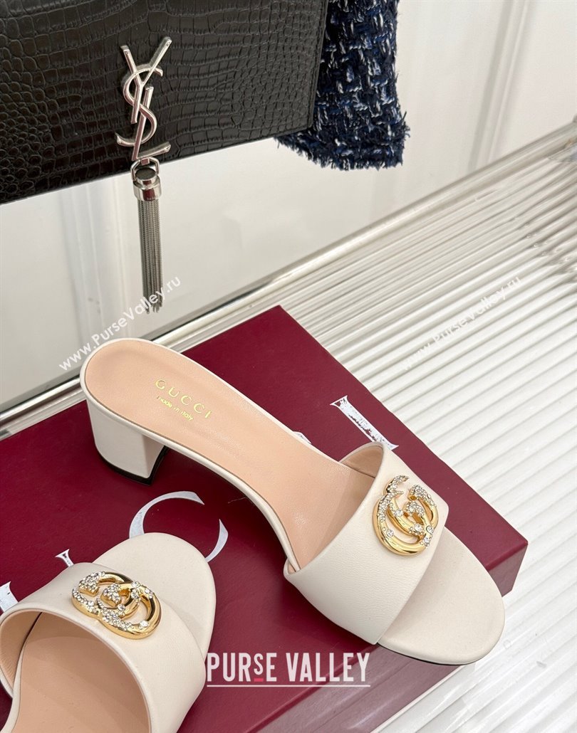 Gucci Leather Heel Slides Sandal 5cm with Double G and Strass White 2025 GG02283 (MD-250228082)