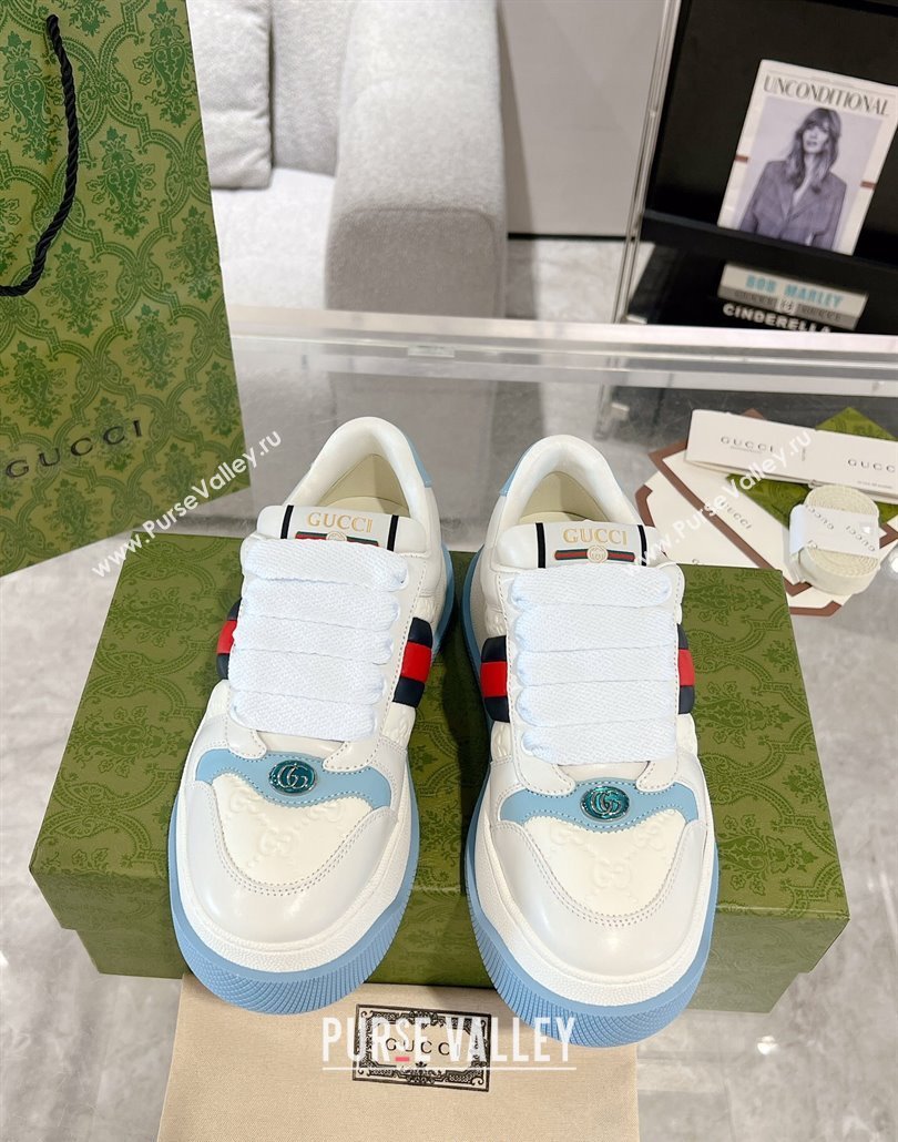 Gucci Screener Platform Sneakers in GG Leather with Web White/Light Blue 2025 (MD-250227138)