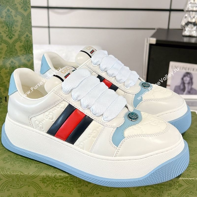 Gucci Screener Platform Sneakers in GG Leather with Web White/Light Blue 2025 (MD-250227138)