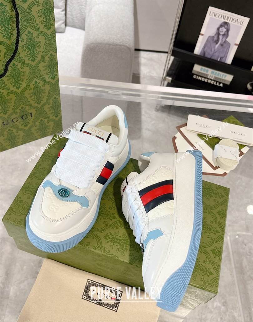 Gucci Screener Platform Sneakers in GG Leather with Web White/Light Blue 2025 (MD-250227138)