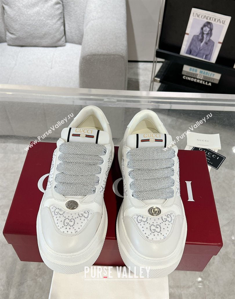 Gucci Screener Platform Sneakers in Leather and Canvas with Strass White 2025 (MD-250227140)
