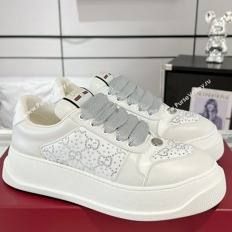 Gucci Screener Platform Sneakers in Leather and Canvas with Strass White 2025 (MD-250227140)