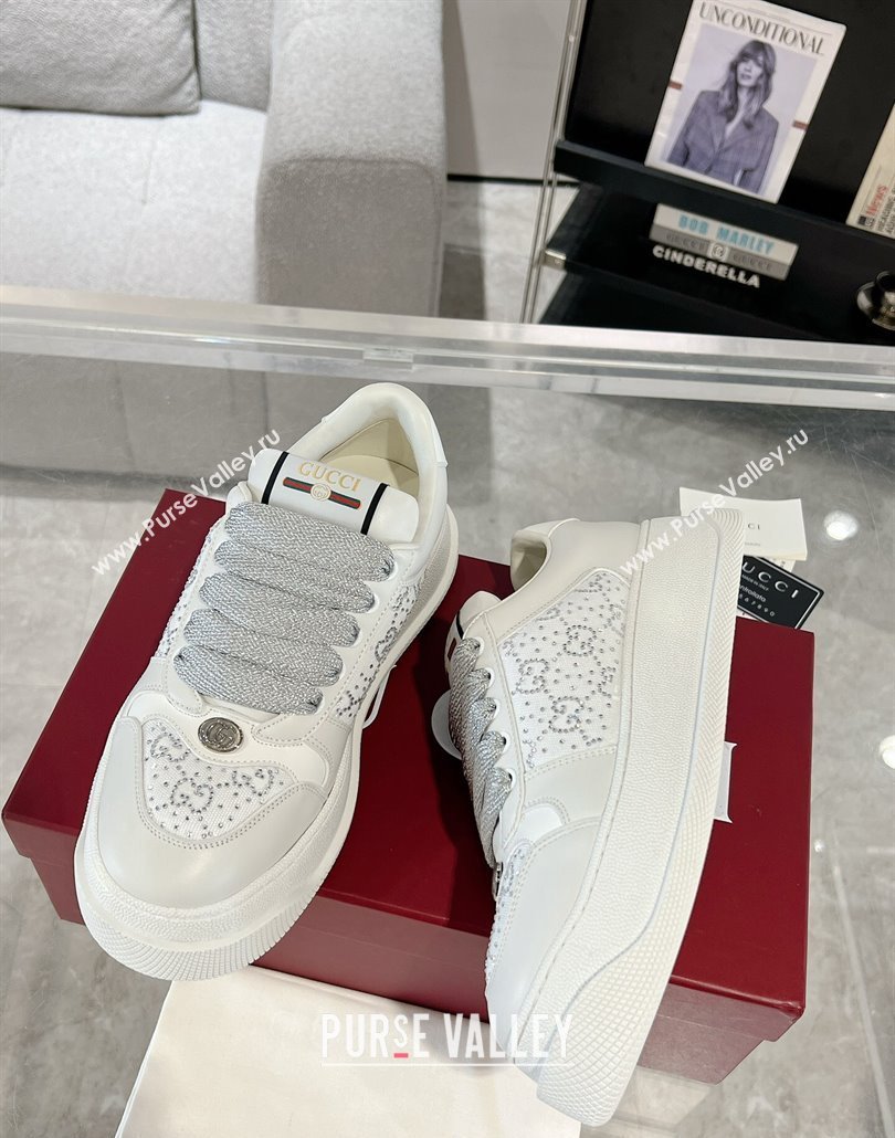 Gucci Screener Platform Sneakers in Leather and Canvas with Strass White 2025 (MD-250227140)
