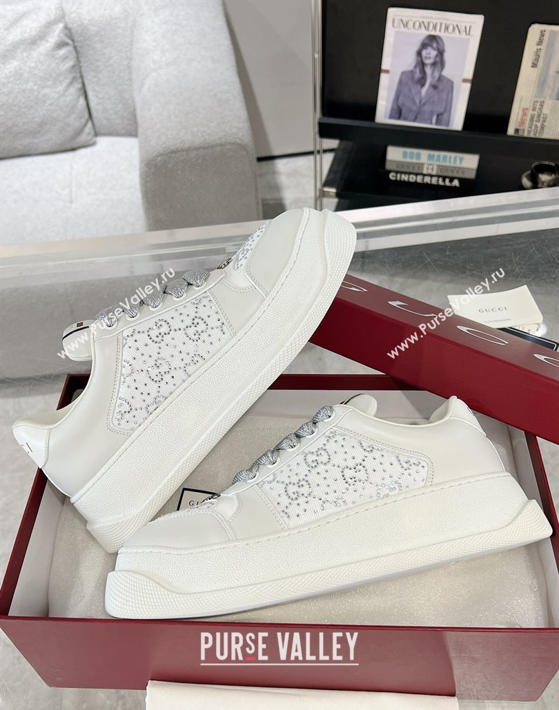 Gucci Screener Platform Sneakers in Leather and Canvas with Strass White 2025 (MD-250227140)
