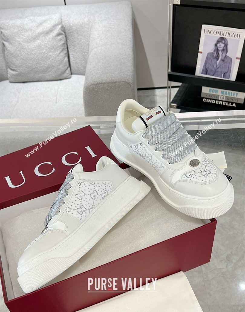 Gucci Screener Platform Sneakers in Leather and Canvas with Strass White 2025 (MD-250227140)