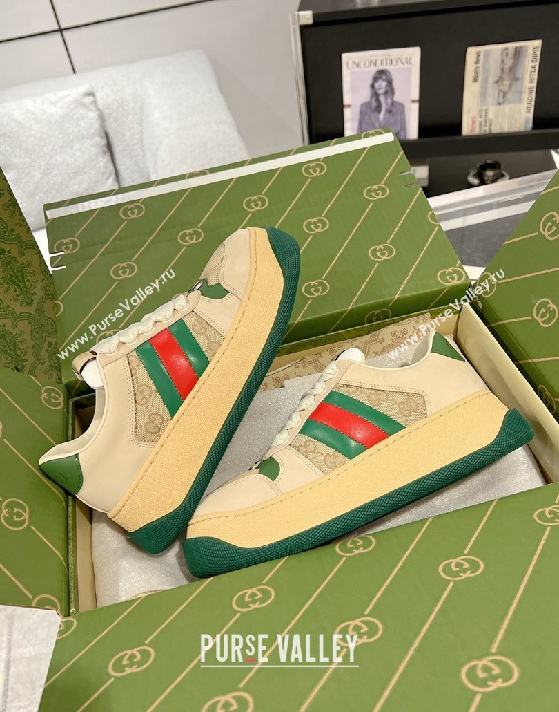 Gucci Screener Platform Sneakers in GG Canvas and Leather with Web Vintage White 2025 (MD-250227145)