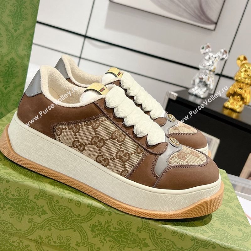 Gucci Screener Platform Sneakers in GG Canvas and Suede Beige/Brown 2025 (MD-250227148)
