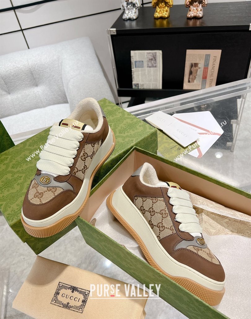 Gucci Screener Platform Sneakers in GG Canvas and Suede Beige/Brown 2025 (MD-250227148)