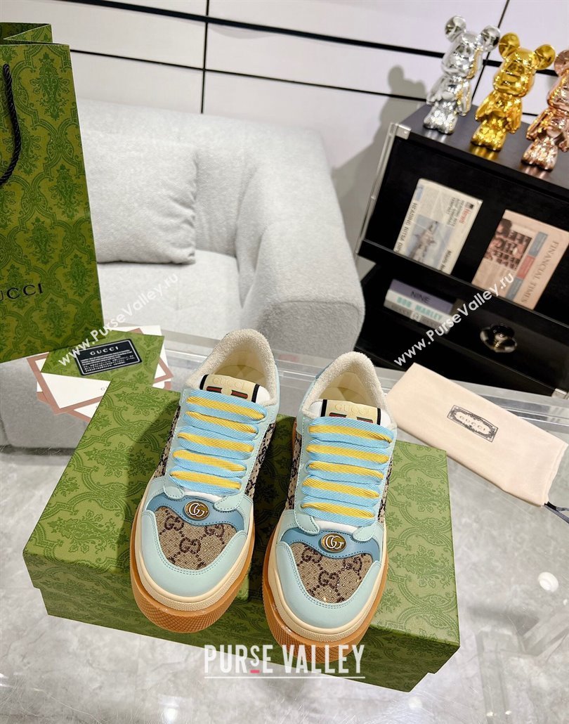 Gucci Screener Platform Sneakers in GG Canvas and Suede with Strass Light Green 2025 (MD-250227151)
