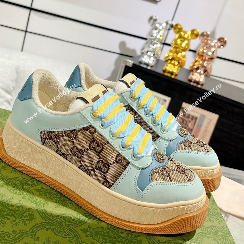 Gucci Screener Platform Sneakers in GG Canvas and Suede with Strass Light Green 2025 (MD-250227151)