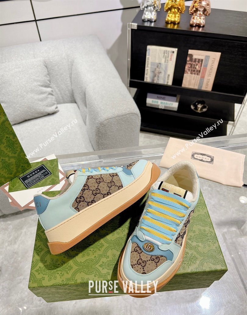 Gucci Screener Platform Sneakers in GG Canvas and Suede with Strass Light Green 2025 (MD-250227151)