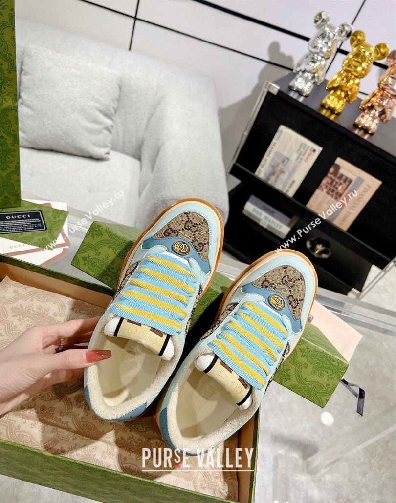 Gucci Screener Platform Sneakers in GG Canvas and Suede with Strass Light Green 2025 (MD-250227151)