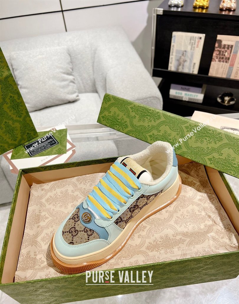 Gucci Screener Platform Sneakers in GG Canvas and Suede with Strass Light Green 2025 (MD-250227151)