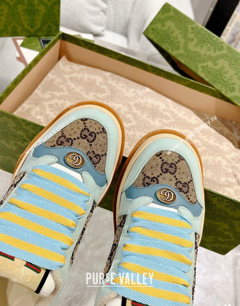 Gucci Screener Platform Sneakers in GG Canvas and Suede with Strass Light Green 2025 (MD-250227151)