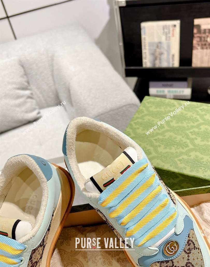 Gucci Screener Platform Sneakers in GG Canvas and Suede with Strass Light Green 2025 (MD-250227151)