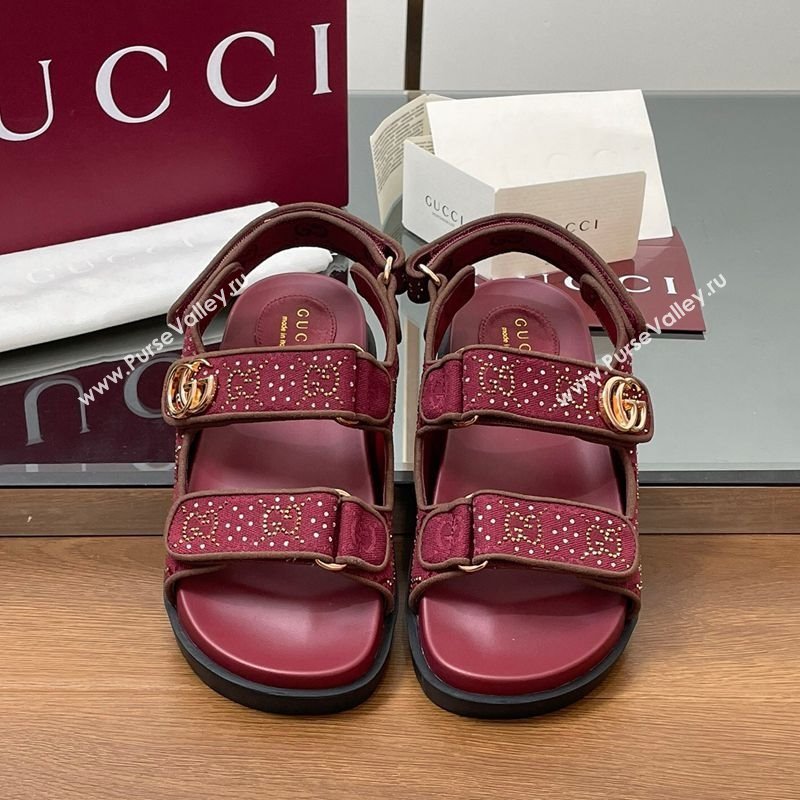 Gucci GG Canvas and Strass Flat Strap Sandals with Double G Burgundy 2025 GG02281 (MD-250228045)