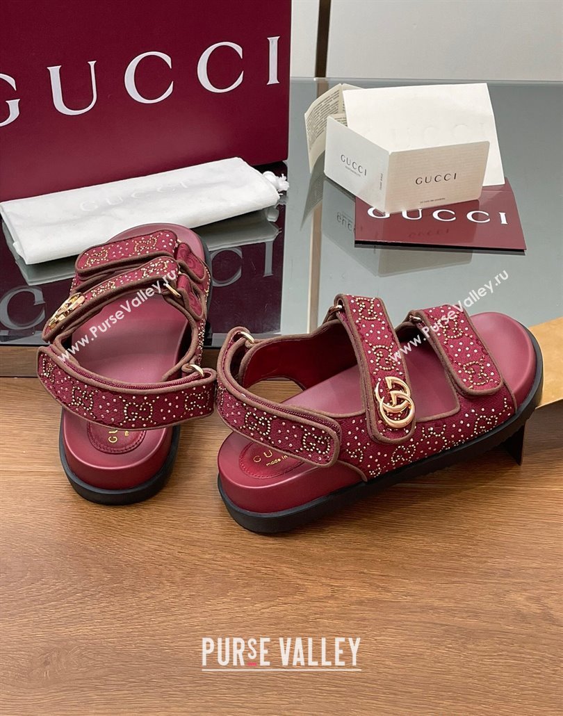 Gucci GG Canvas and Strass Flat Strap Sandals with Double G Burgundy 2025 GG02281 (MD-250228045)