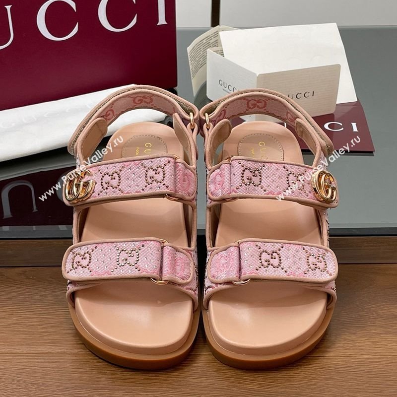 Gucci GG Canvas and Strass Flat Strap Sandals with Double G Light Pink 2025 GG02281 (MD-250228046)