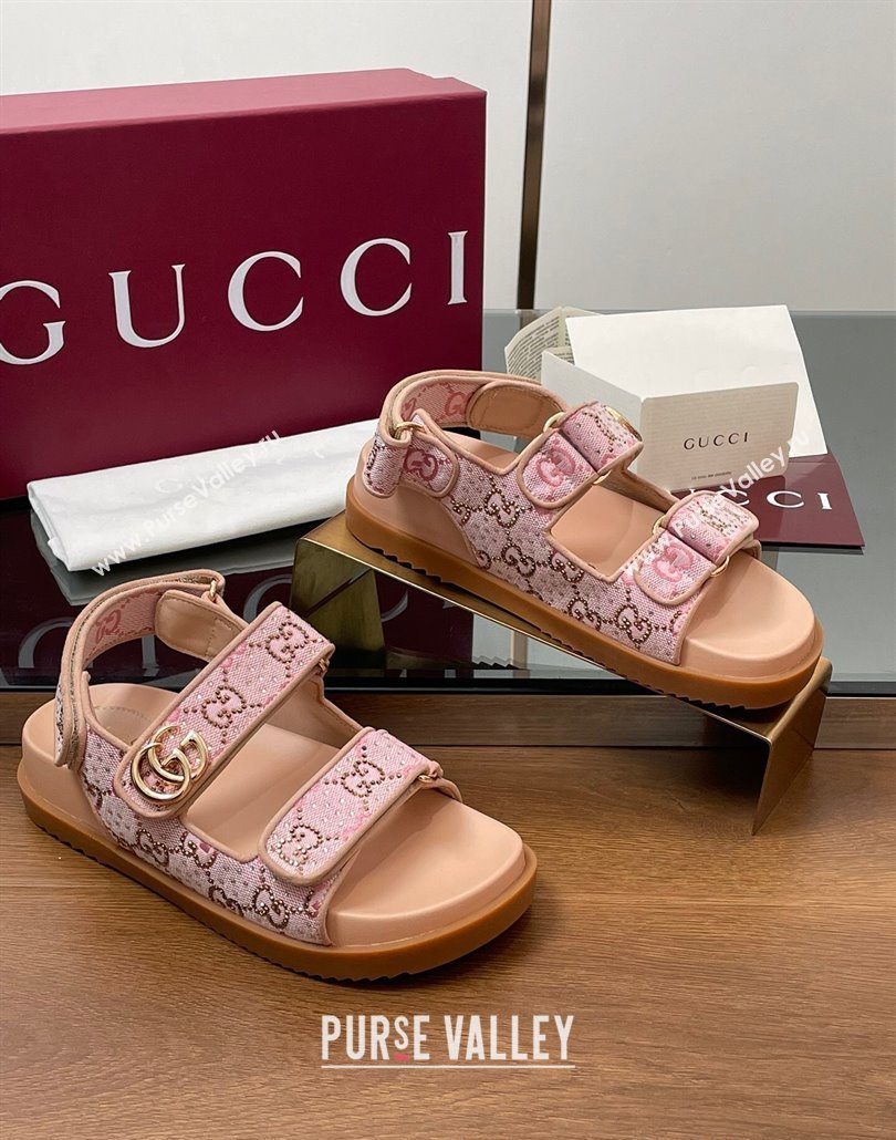 Gucci GG Canvas and Strass Flat Strap Sandals with Double G Light Pink 2025 GG02281 (MD-250228046)