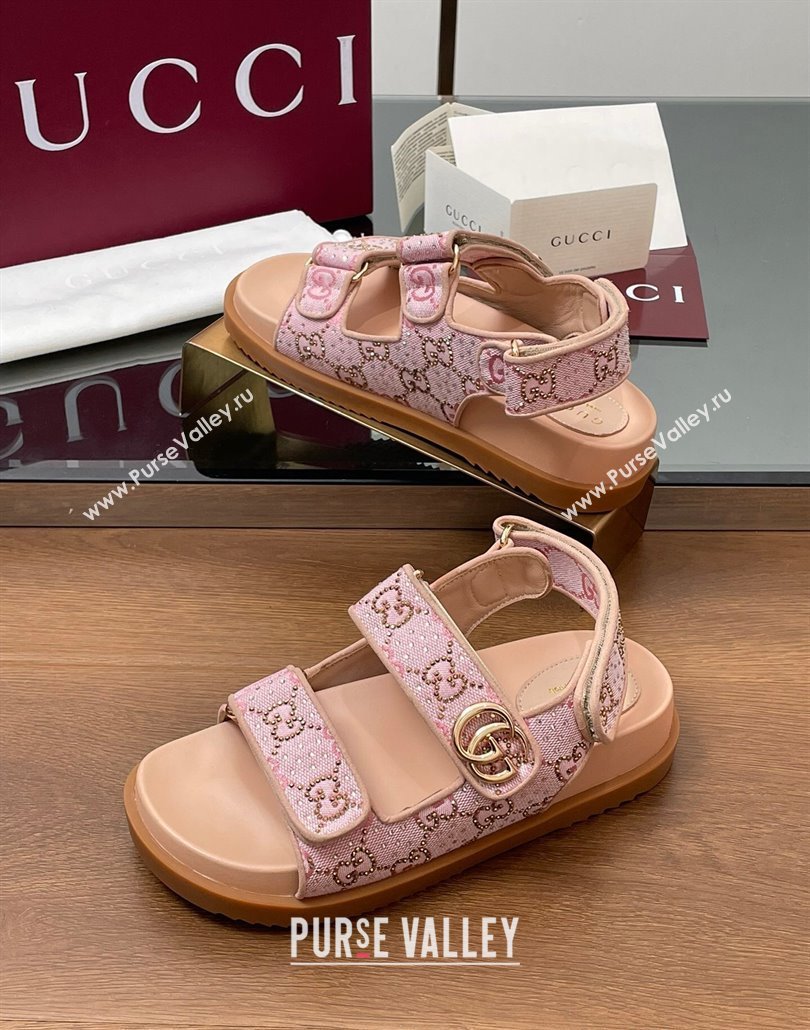 Gucci GG Canvas and Strass Flat Strap Sandals with Double G Light Pink 2025 GG02281 (MD-250228046)