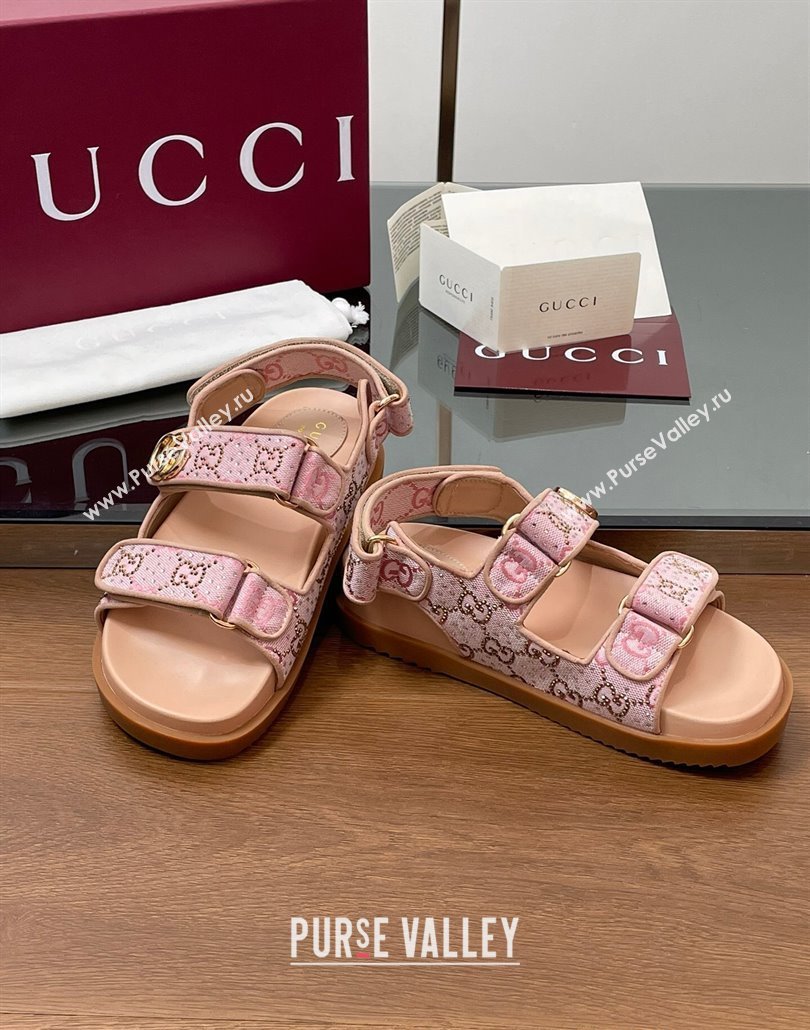 Gucci GG Canvas and Strass Flat Strap Sandals with Double G Light Pink 2025 GG02281 (MD-250228046)