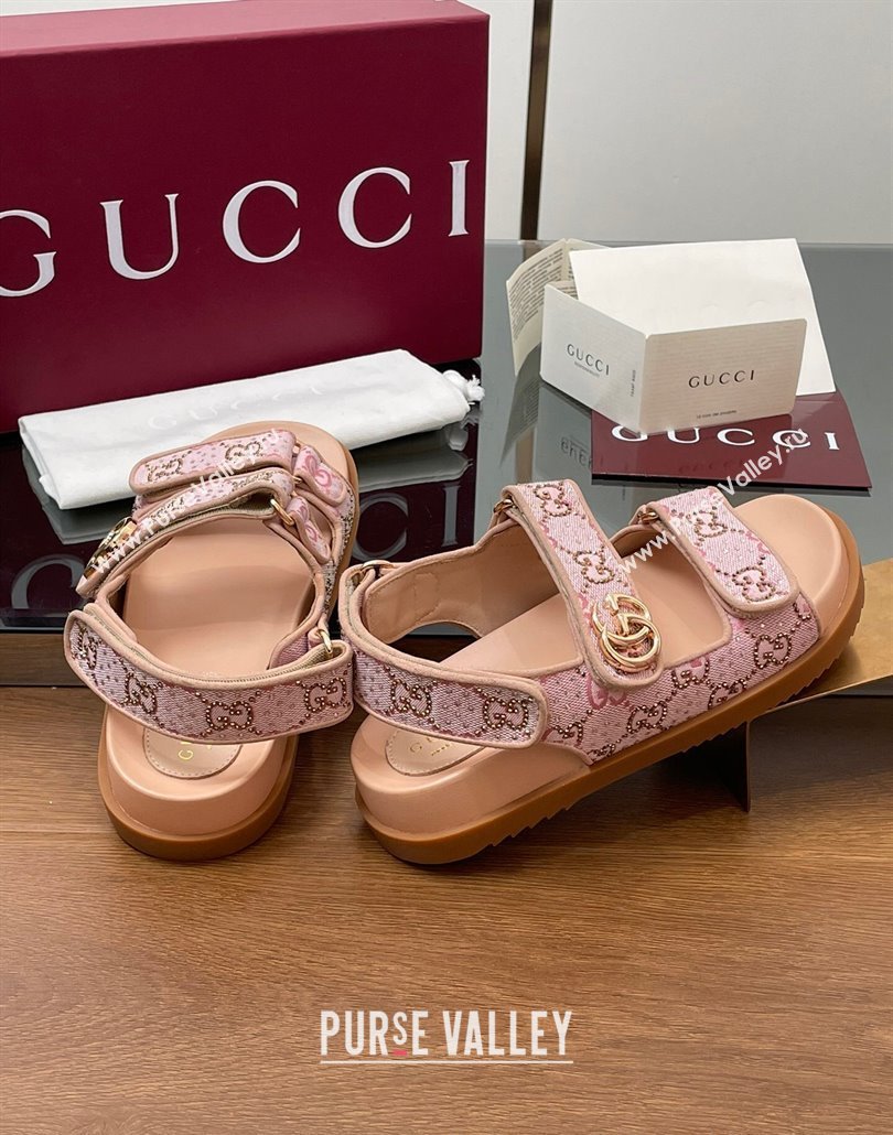 Gucci GG Canvas and Strass Flat Strap Sandals with Double G Light Pink 2025 GG02281 (MD-250228046)