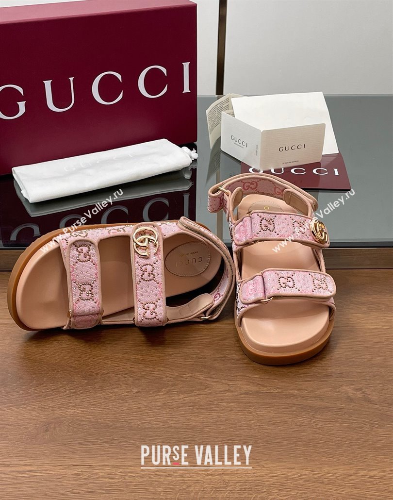 Gucci GG Canvas and Strass Flat Strap Sandals with Double G Light Pink 2025 GG02281 (MD-250228046)