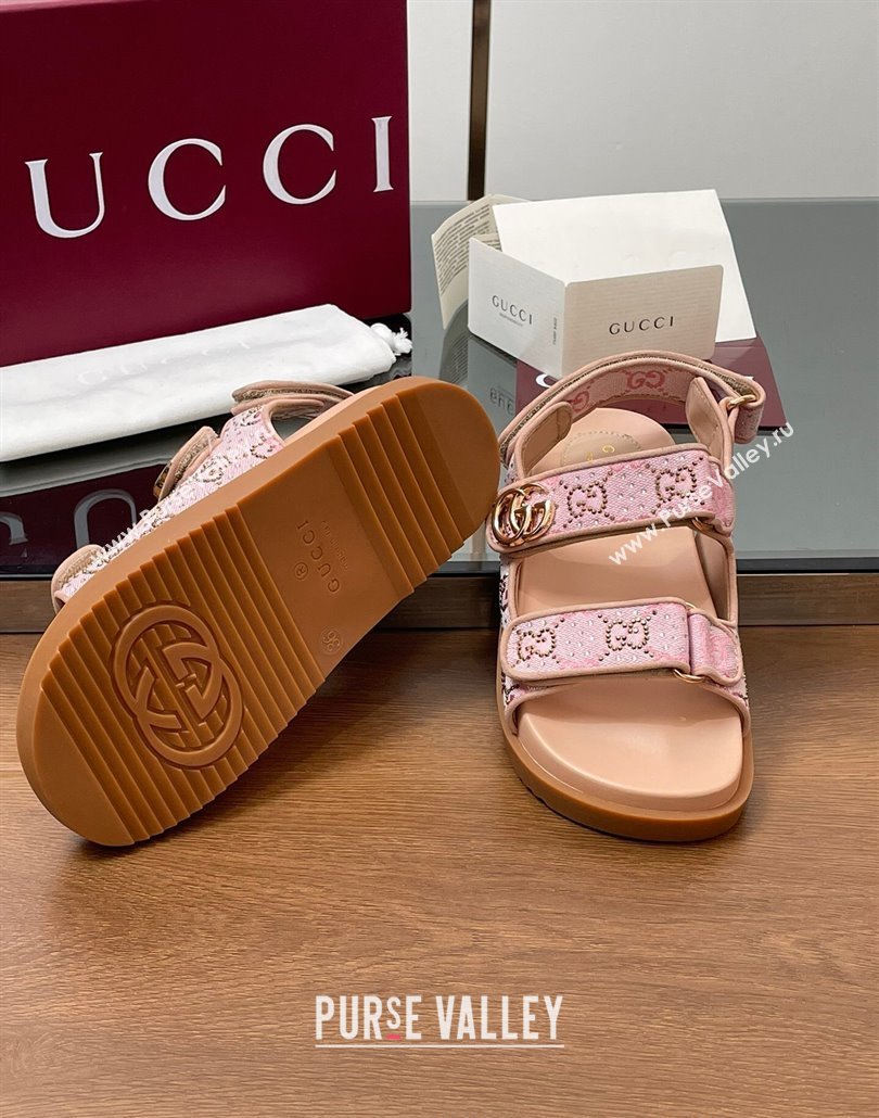 Gucci GG Canvas and Strass Flat Strap Sandals with Double G Light Pink 2025 GG02281 (MD-250228046)