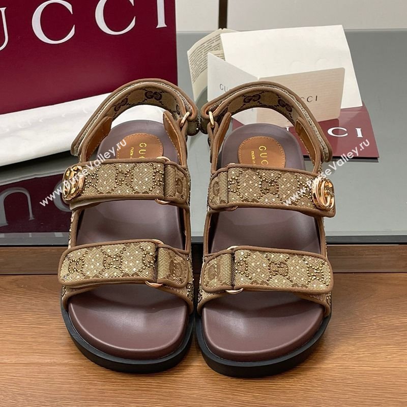 Gucci GG Canvas and Strass Flat Strap Sandals with Double G Beige 2025 GG02281 (MD-250228047)