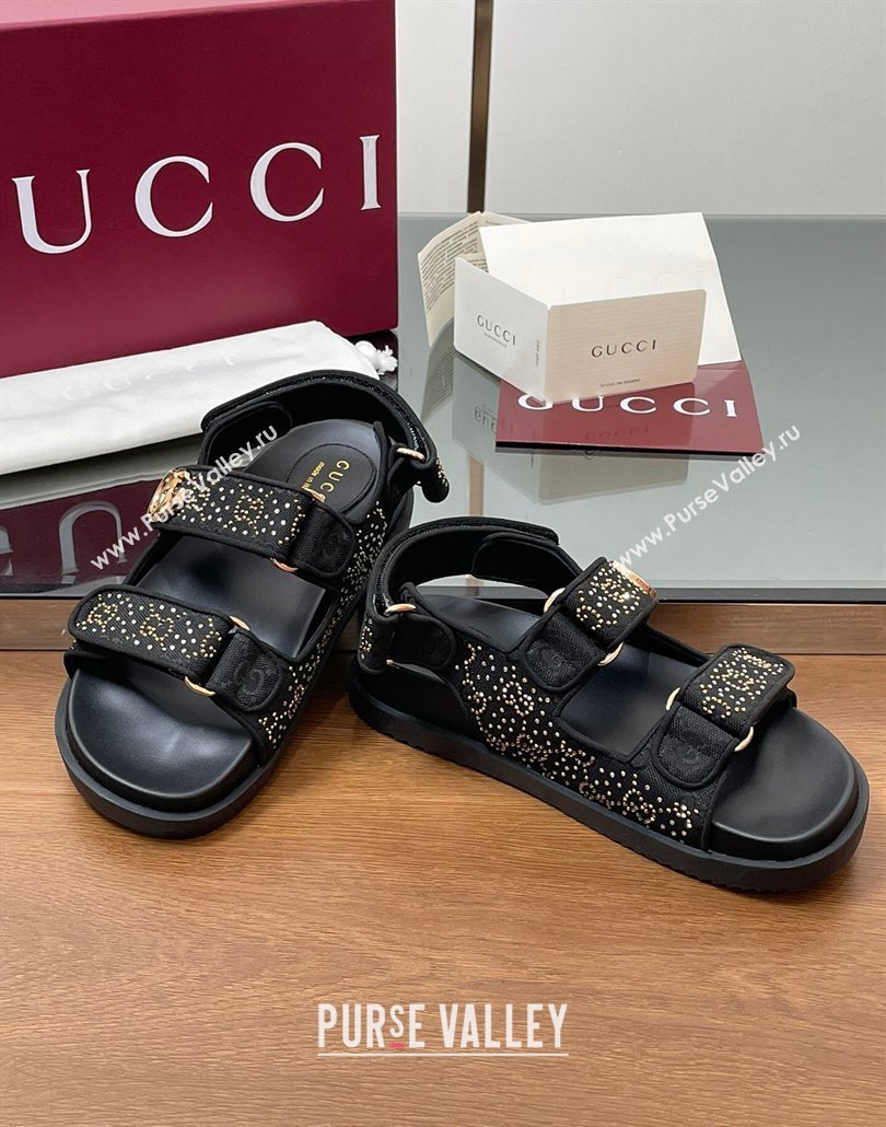 Gucci GG Canvas and Strass Flat Strap Sandals with Double G Black 2025 GG02281 (MD-250228048)