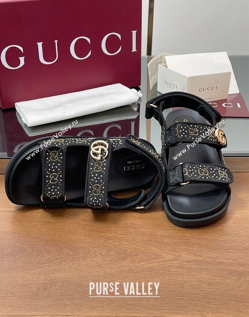 Gucci GG Canvas and Strass Flat Strap Sandals with Double G Black 2025 GG02281 (MD-250228048)