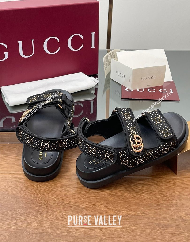 Gucci GG Canvas and Strass Flat Strap Sandals with Double G Black 2025 GG02281 (MD-250228048)