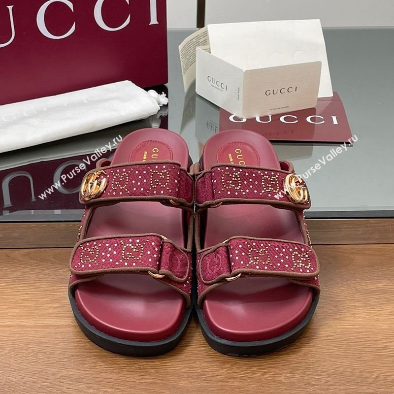 Gucci GG Canvas and Strass Flat Slides Sandal with Double G Burgundy 2025 GG02281 (MD-250228049)