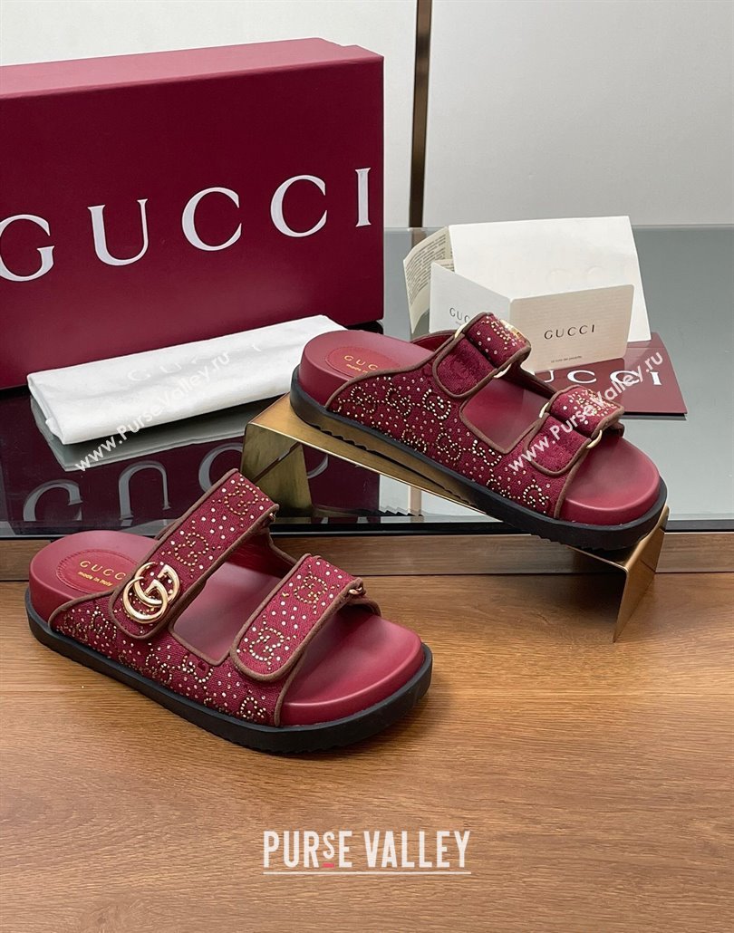 Gucci GG Canvas and Strass Flat Slides Sandal with Double G Burgundy 2025 GG02281 (MD-250228049)