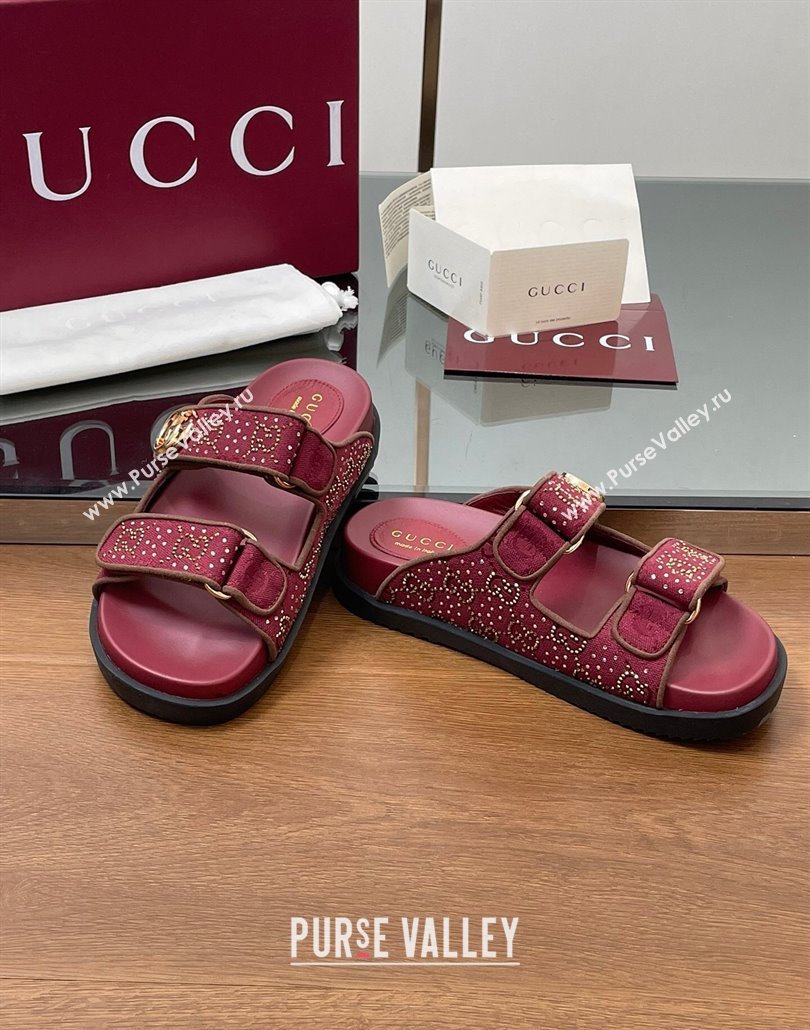 Gucci GG Canvas and Strass Flat Slides Sandal with Double G Burgundy 2025 GG02281 (MD-250228049)