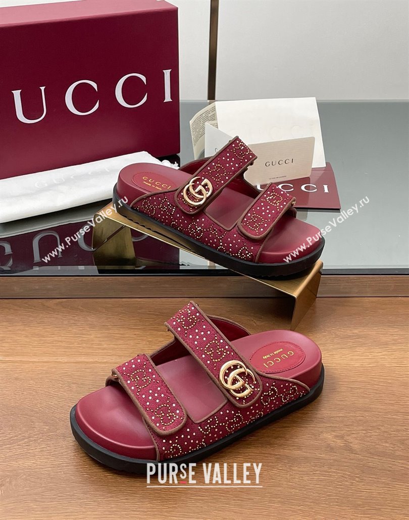 Gucci GG Canvas and Strass Flat Slides Sandal with Double G Burgundy 2025 GG02281 (MD-250228049)