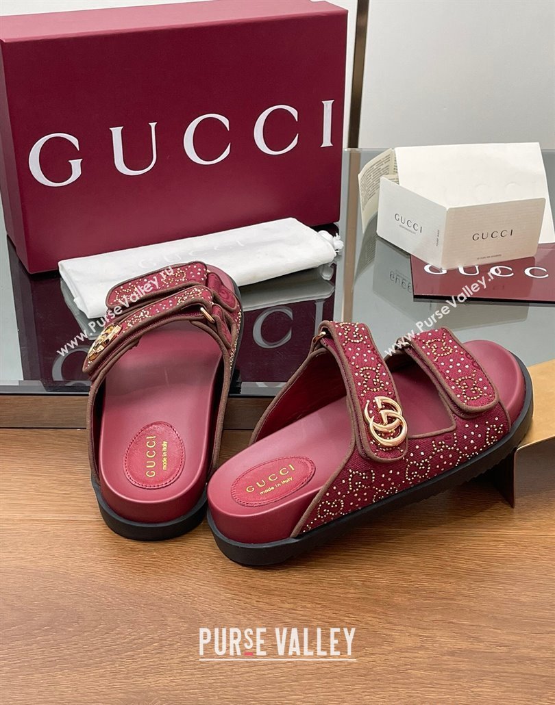 Gucci GG Canvas and Strass Flat Slides Sandal with Double G Burgundy 2025 GG02281 (MD-250228049)