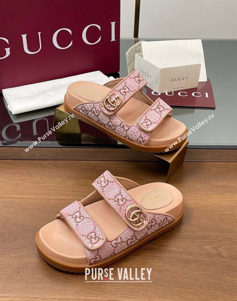 Gucci GG Canvas and Strass Flat Slides Sandal with Double G Light Pink 2025 GG02281 (MD-250228050)