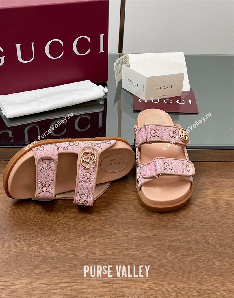 Gucci GG Canvas and Strass Flat Slides Sandal with Double G Light Pink 2025 GG02281 (MD-250228050)