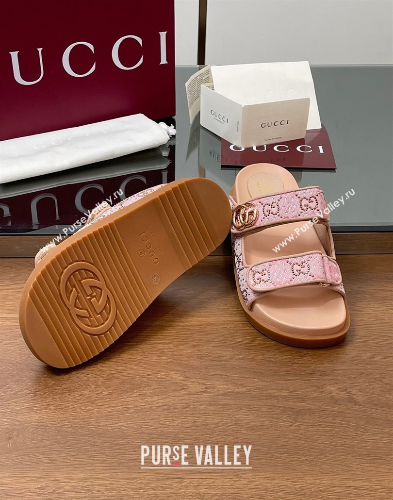 Gucci GG Canvas and Strass Flat Slides Sandal with Double G Light Pink 2025 GG02281 (MD-250228050)