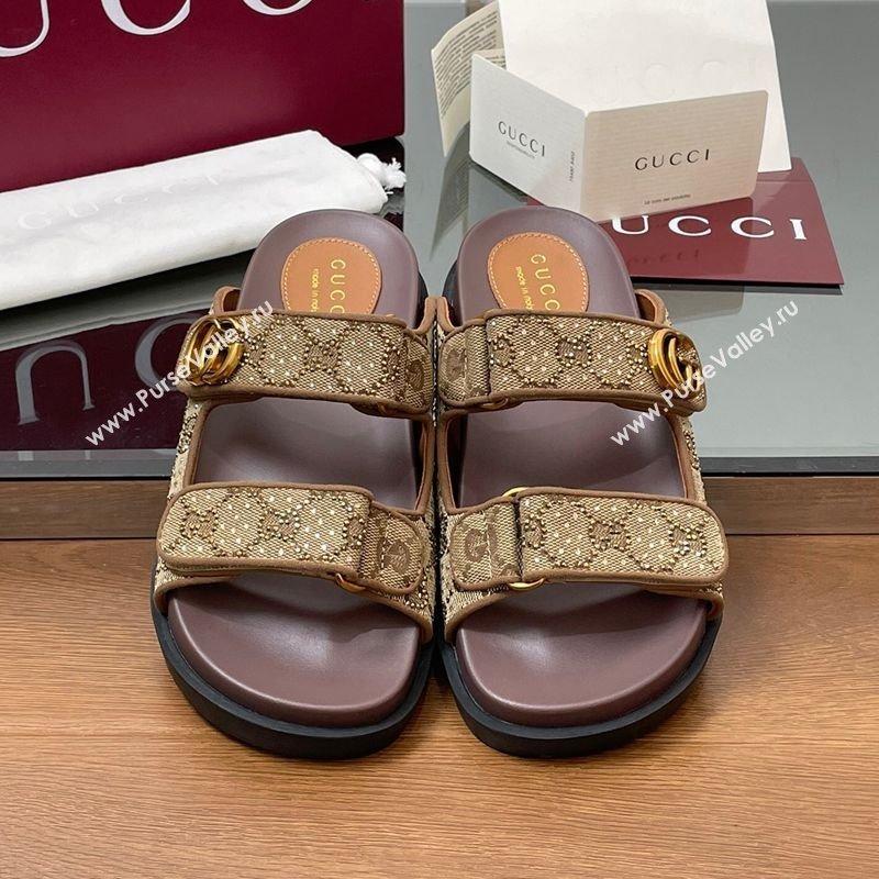 Gucci GG Canvas and Strass Flat Slides Sandal with Double G Beige 2025 GG02281 (MD-250228051)