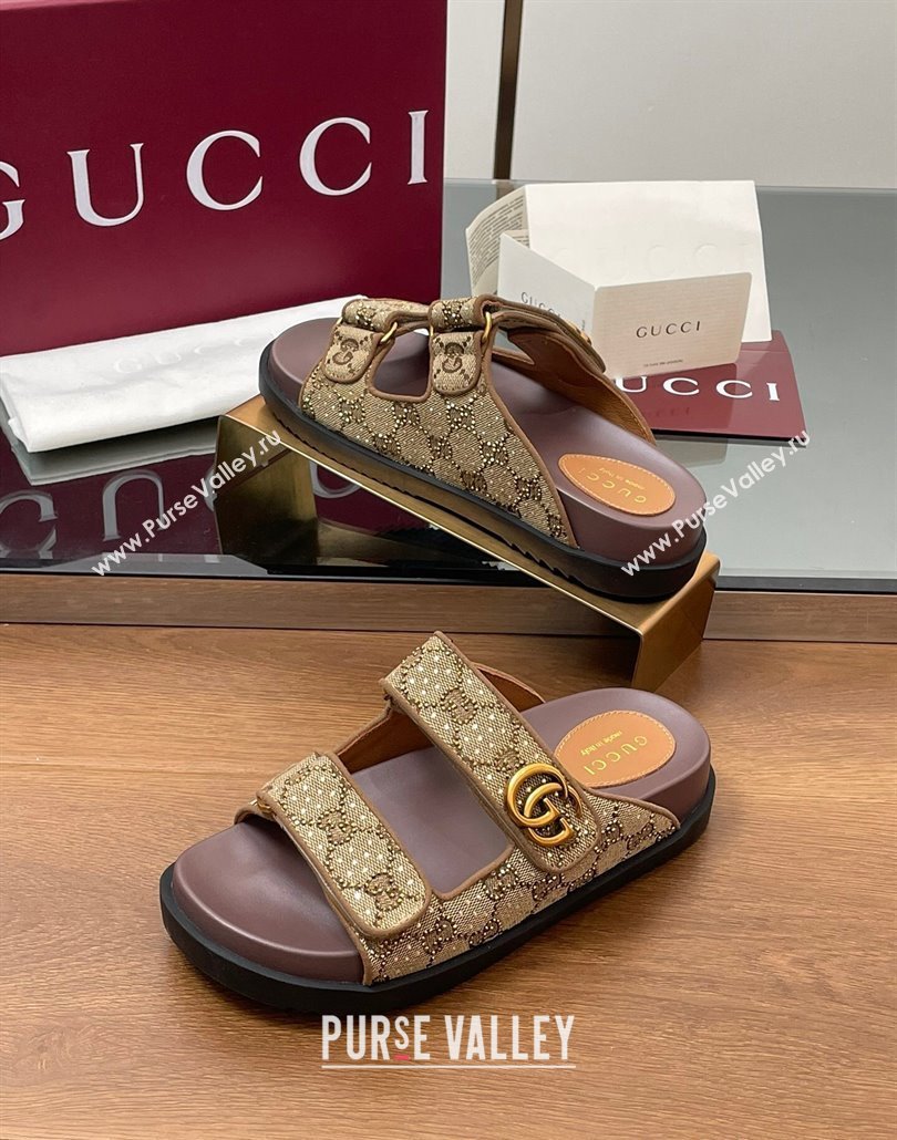 Gucci GG Canvas and Strass Flat Slides Sandal with Double G Beige 2025 GG02281 (MD-250228051)