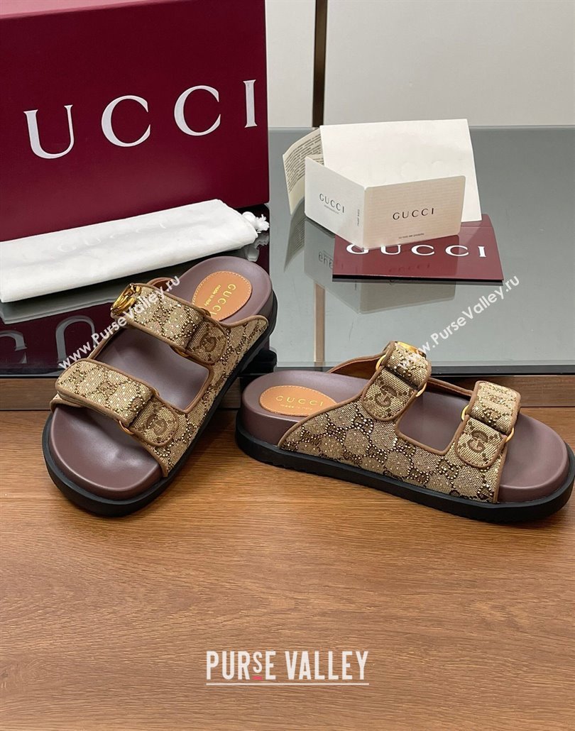 Gucci GG Canvas and Strass Flat Slides Sandal with Double G Beige 2025 GG02281 (MD-250228051)